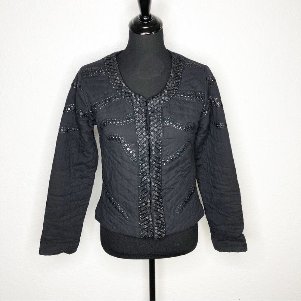 Malvin Women black quilted beaded hook front blazer jacket size 8